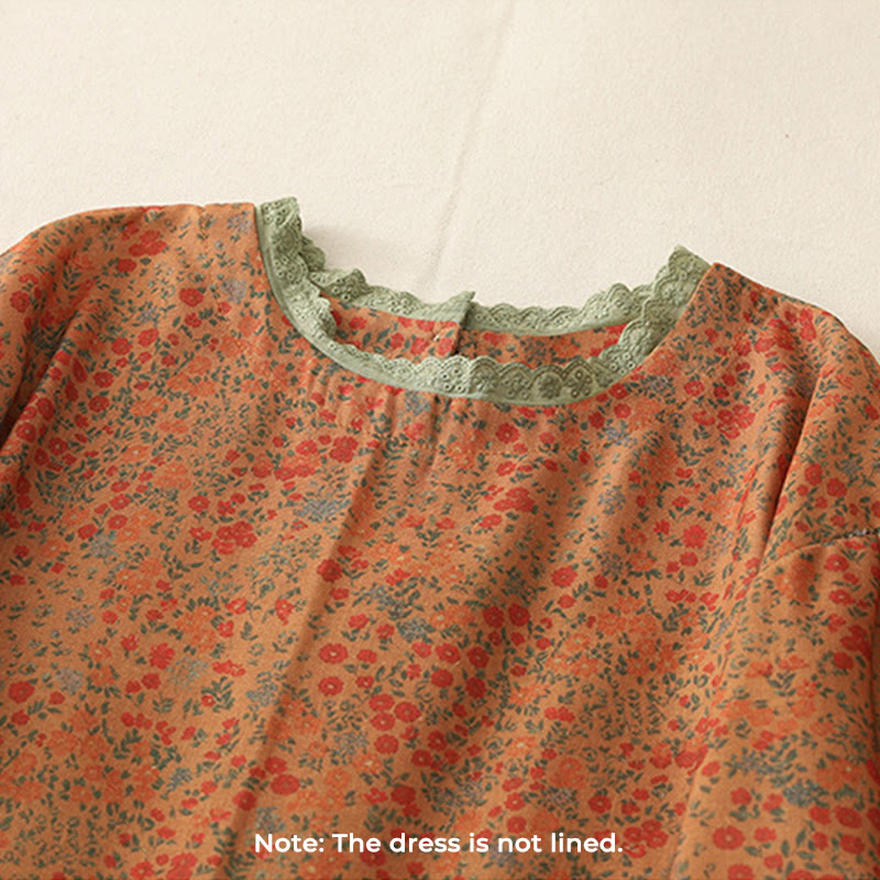 Buddha Stones Casual Floral Lace Crew Neck Balloon Long Sleeve Cotton Linen Midi Dress With Pockets
