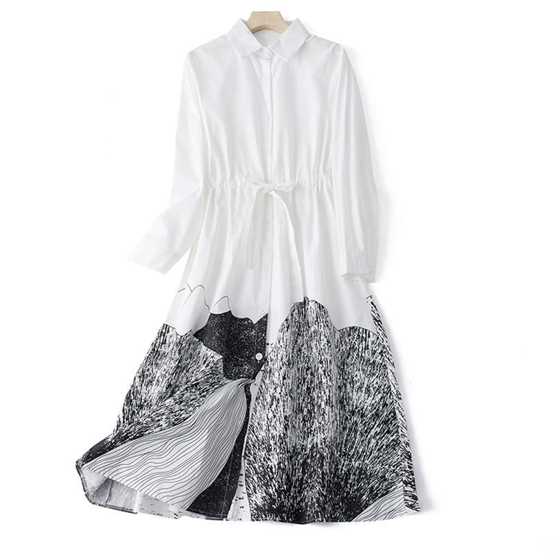 Buddha Stones Printing Irregular Lines Long Sleeve Lace-up Lapel Cotton Midi Dress With Pockets