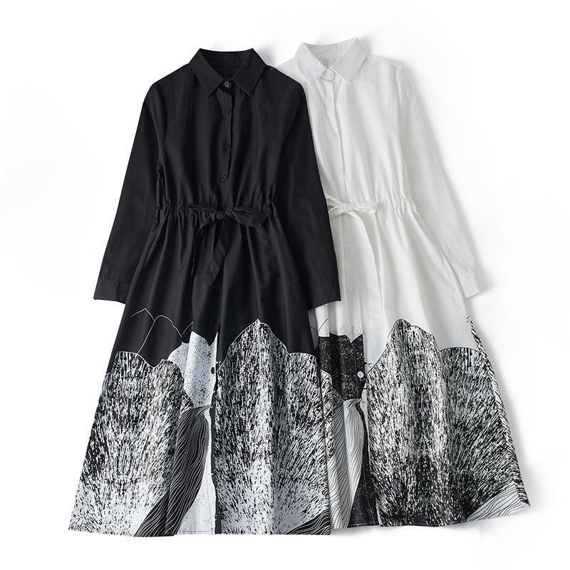 Buddha Stones Printing Irregular Lines Long Sleeve Lace-up Lapel Cotton Midi Dress With Pockets