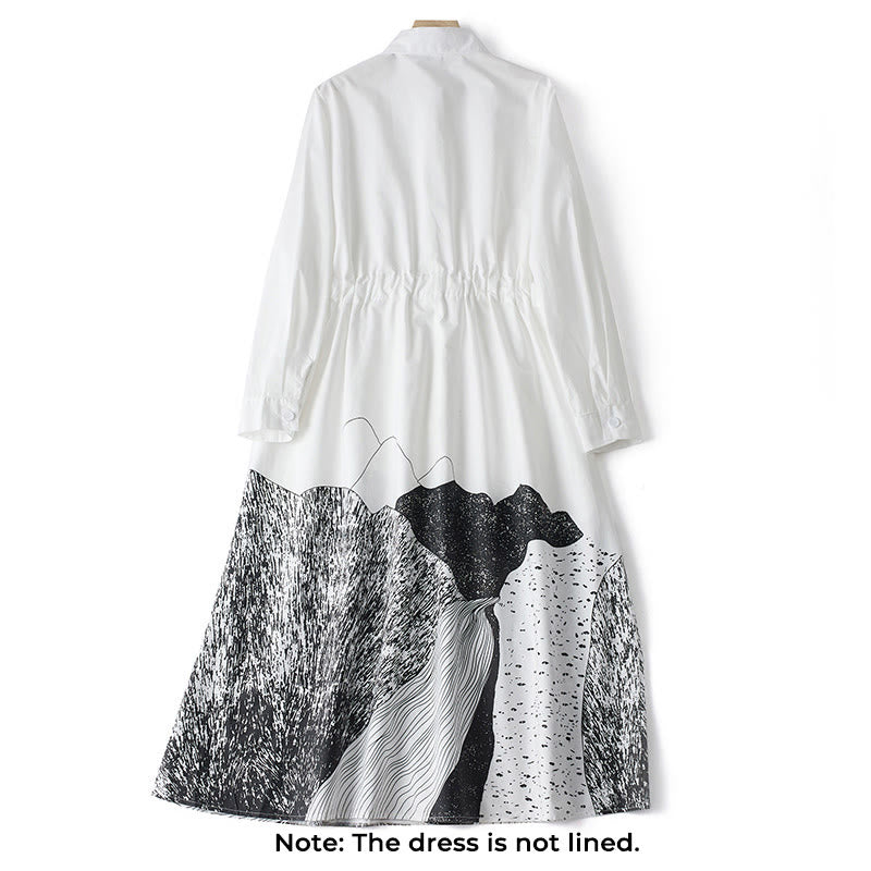 Buddha Stones Printing Irregular Lines Long Sleeve Lace-up Lapel Cotton Midi Dress With Pockets