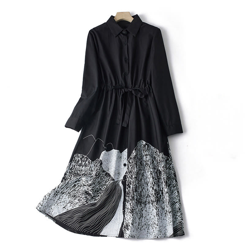 Buddha Stones Printing Irregular Lines Long Sleeve Lace-up Lapel Cotton Midi Dress With Pockets