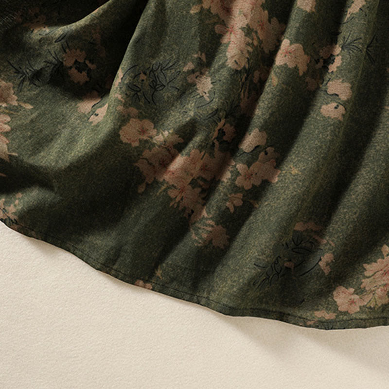 Buddha Stones Printing Drawstring Frog-Button Cotton Linen Long Sleeve Midi Dress With Pockets