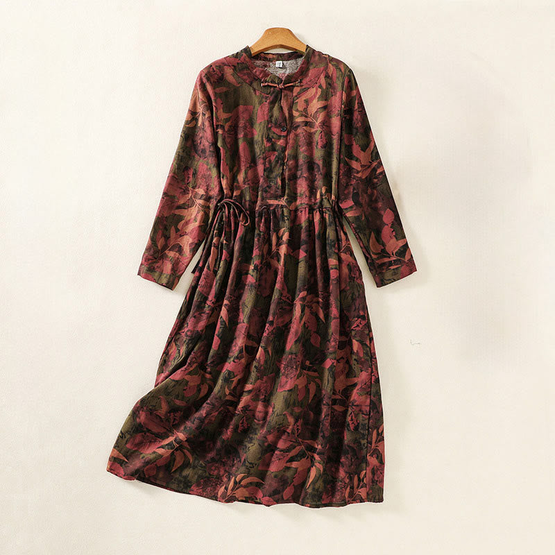 Buddha Stones Printing Drawstring Frog-Button Cotton Linen Long Sleeve Midi Dress With Pockets