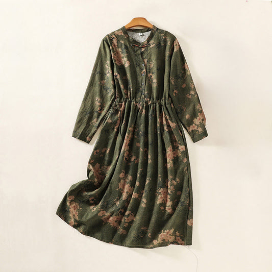 Buddha Stones Printing Drawstring Frog-Button Cotton Linen Long Sleeve Midi Dress With Pockets