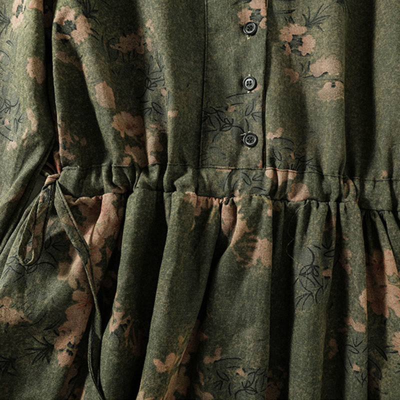 Buddha Stones Printing Drawstring Frog-Button Cotton Linen Long Sleeve Midi Dress With Pockets