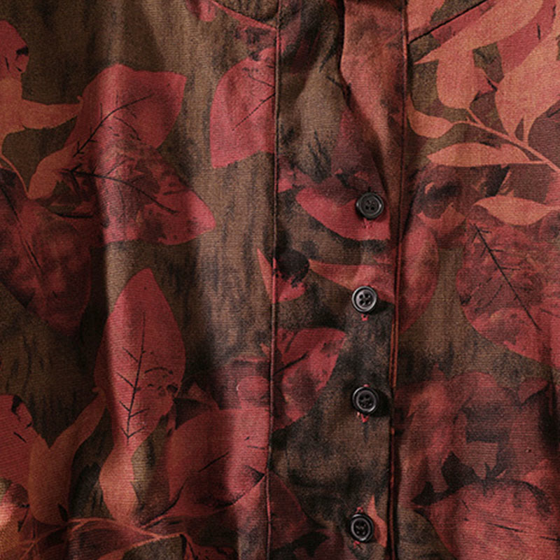 Buddha Stones Printing Drawstring Frog-Button Cotton Linen Long Sleeve Midi Dress With Pockets