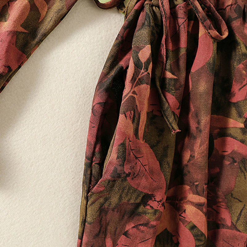 Buddha Stones Printing Drawstring Frog-Button Cotton Linen Long Sleeve Midi Dress With Pockets