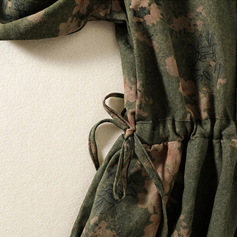 Buddha Stones Printing Drawstring Frog-Button Cotton Linen Long Sleeve Midi Dress With Pockets