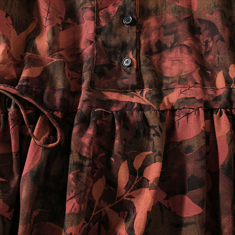 Buddha Stones Printing Drawstring Frog-Button Cotton Linen Long Sleeve Midi Dress With Pockets