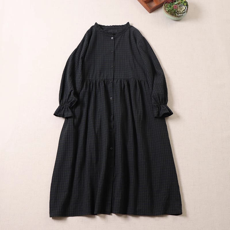 Buddha Stones Long Sleeve Plaid Simple Buttons Ruffled Design Cotton Linen Midi Dress With Pockets