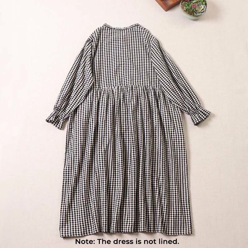 Buddha Stones Long Sleeve Plaid Simple Buttons Ruffled Design Cotton Linen Midi Dress With Pockets