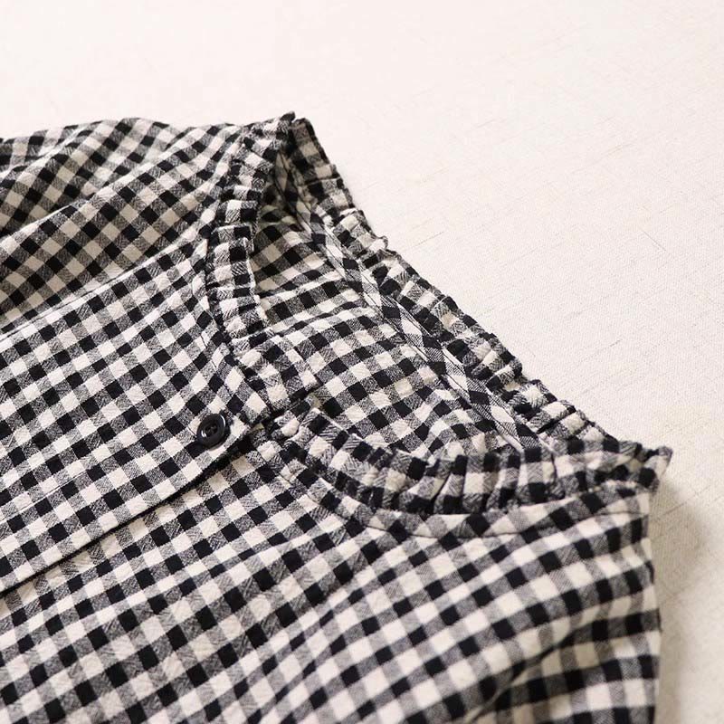 Buddha Stones Long Sleeve Plaid Simple Buttons Ruffled Design Cotton Linen Midi Dress With Pockets