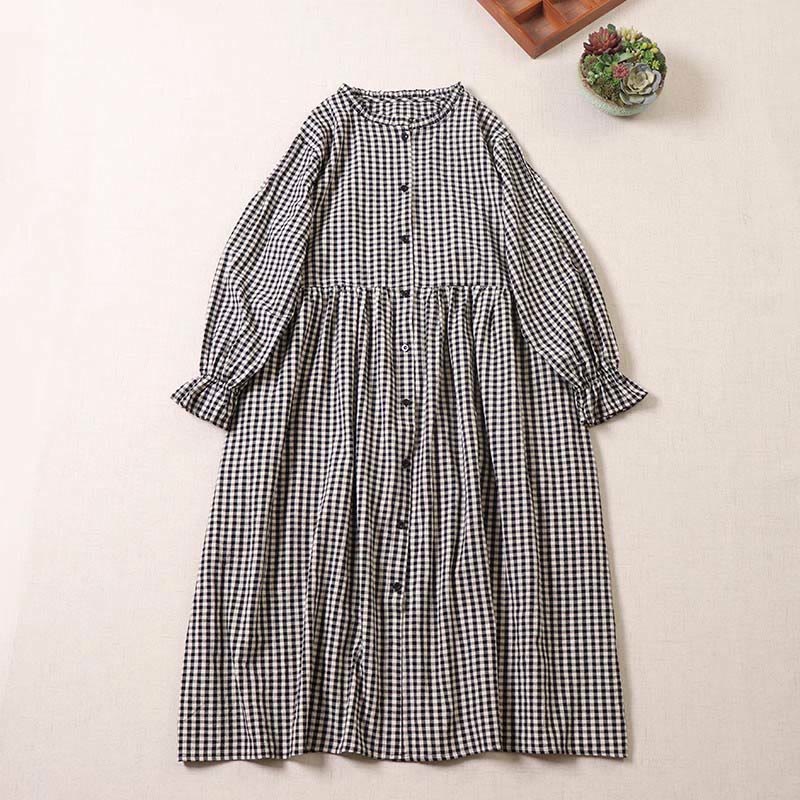 Buddha Stones Long Sleeve Plaid Simple Buttons Ruffled Design Cotton Linen Midi Dress With Pockets