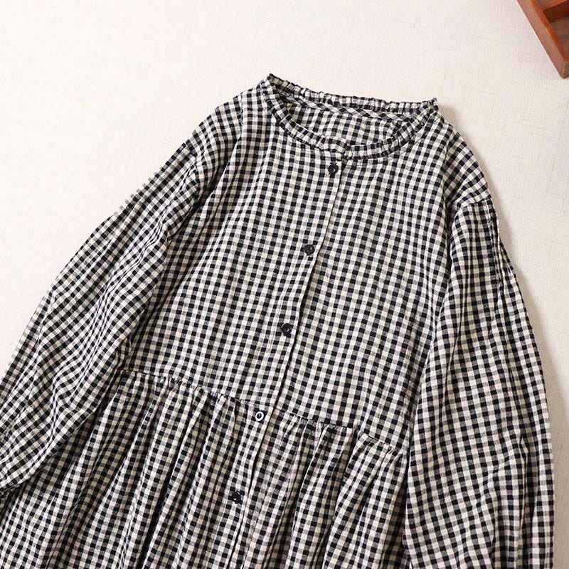 Buddha Stones Long Sleeve Plaid Simple Buttons Ruffled Design Cotton Linen Midi Dress With Pockets