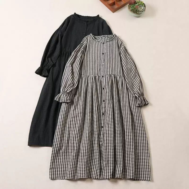 Buddha Stones Long Sleeve Plaid Simple Buttons Ruffled Design Cotton Linen Midi Dress With Pockets