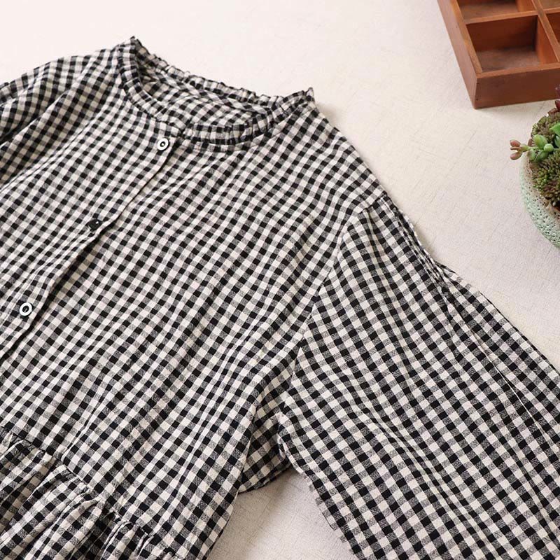 Buddha Stones Long Sleeve Plaid Simple Buttons Ruffled Design Cotton Linen Midi Dress With Pockets