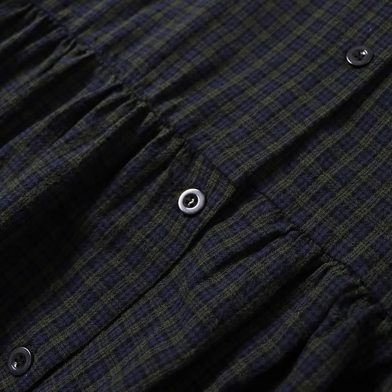 Buddha Stones Long Sleeve Plaid Simple Buttons Ruffled Design Cotton Linen Midi Dress With Pockets
