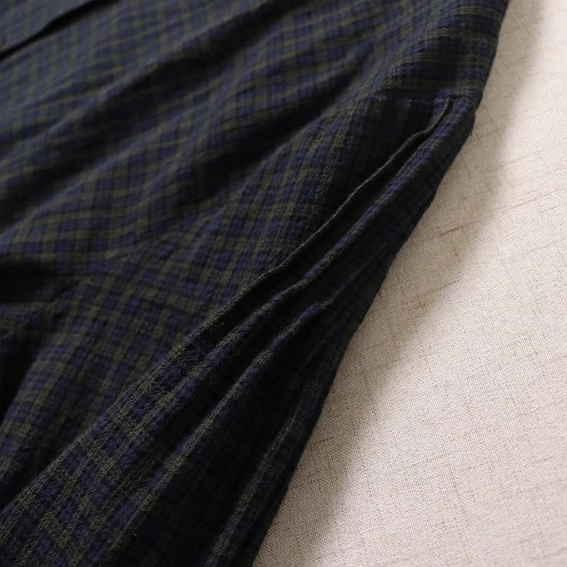 Buddha Stones Long Sleeve Plaid Simple Buttons Ruffled Design Cotton Linen Midi Dress With Pockets