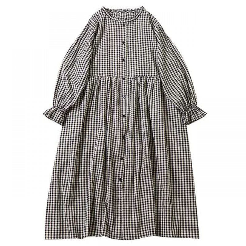 Buddha Stones Long Sleeve Plaid Simple Buttons Ruffled Design Cotton Linen Midi Dress With Pockets