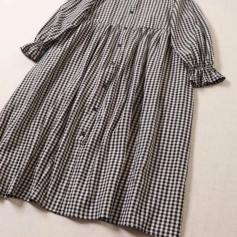 Buddha Stones Long Sleeve Plaid Simple Buttons Ruffled Design Cotton Linen Midi Dress With Pockets