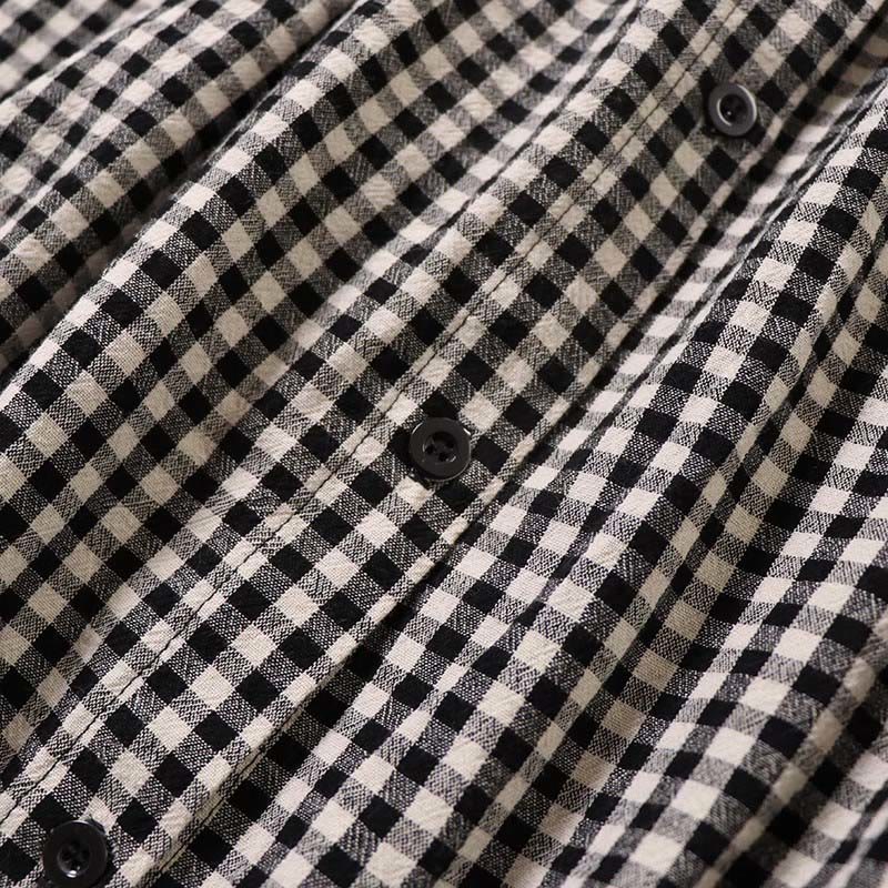 Buddha Stones Long Sleeve Plaid Simple Buttons Ruffled Design Cotton Linen Midi Dress With Pockets