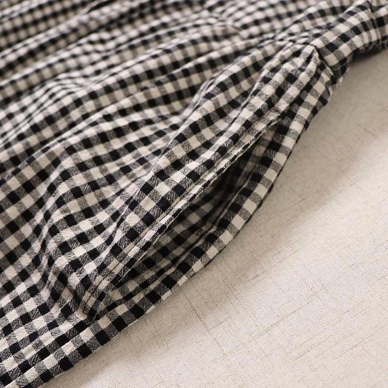 Buddha Stones Long Sleeve Plaid Simple Buttons Ruffled Design Cotton Linen Midi Dress With Pockets