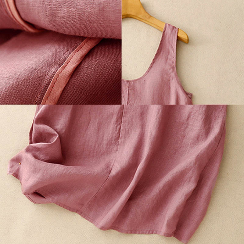 Buddha Stones Summer Daily Casual Pure Color Crew Neck Simple Design Sleeveless Midi Dress