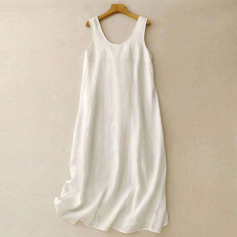 Buddha Stones Summer Daily Casual Pure Color Crew Neck Simple Design Sleeveless Midi Dress