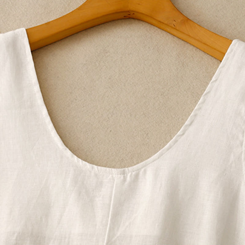 Buddha Stones Summer Daily Casual Pure Color Crew Neck Simple Design Sleeveless Midi Dress