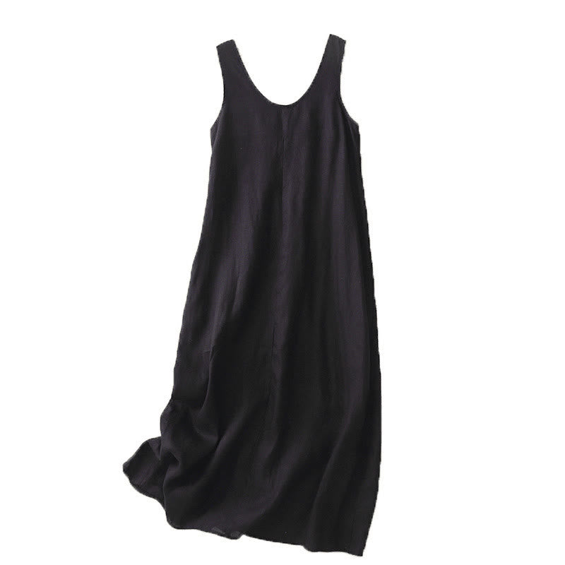 Buddha Stones Summer Daily Casual Pure Color Crew Neck Simple Design Sleeveless Midi Dress