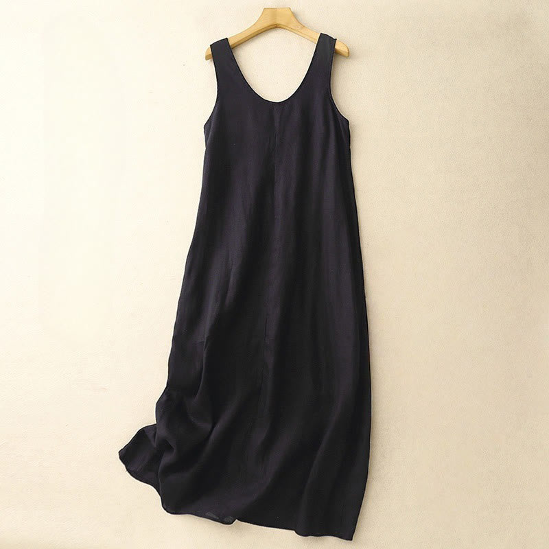 Buddha Stones Summer Daily Casual Pure Color Crew Neck Simple Design Sleeveless Midi Dress