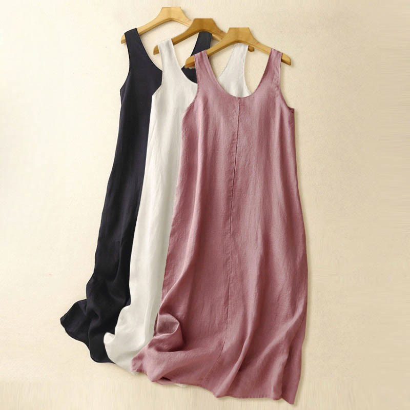 Buddha Stones Summer Daily Casual Pure Color Crew Neck Simple Design Sleeveless Midi Dress