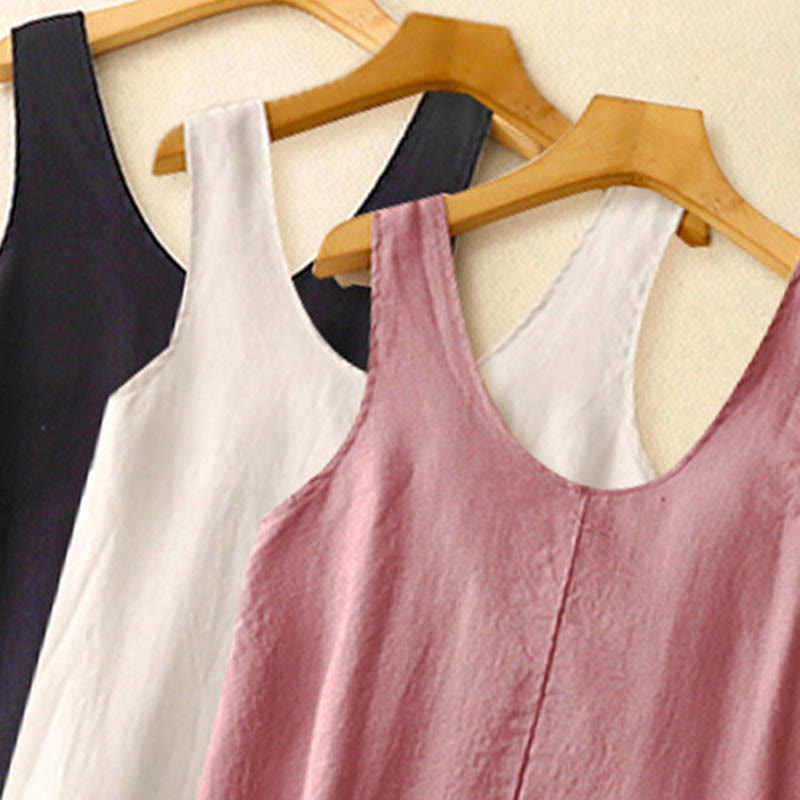 Buddha Stones Summer Daily Casual Pure Color Crew Neck Simple Design Sleeveless Midi Dress