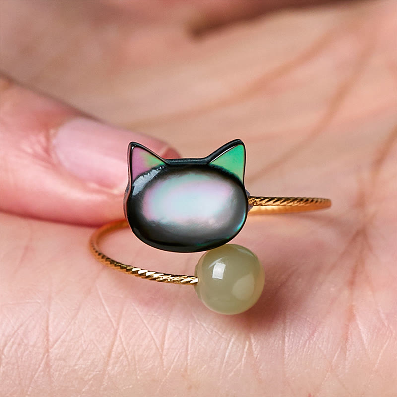 Buddha Stones Black Tridacna Stone Cat Jade Blessing Adjustable Ring