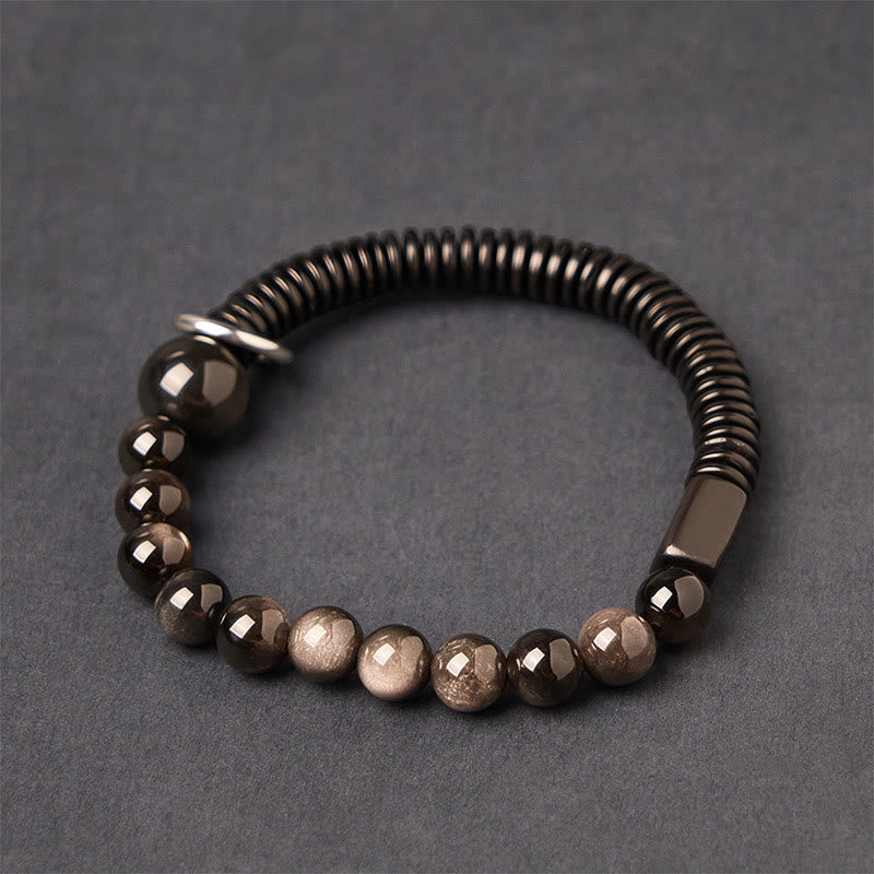 Buddha Stones Silver Sheen Obsidian Coconut Shell Protection Bracelet