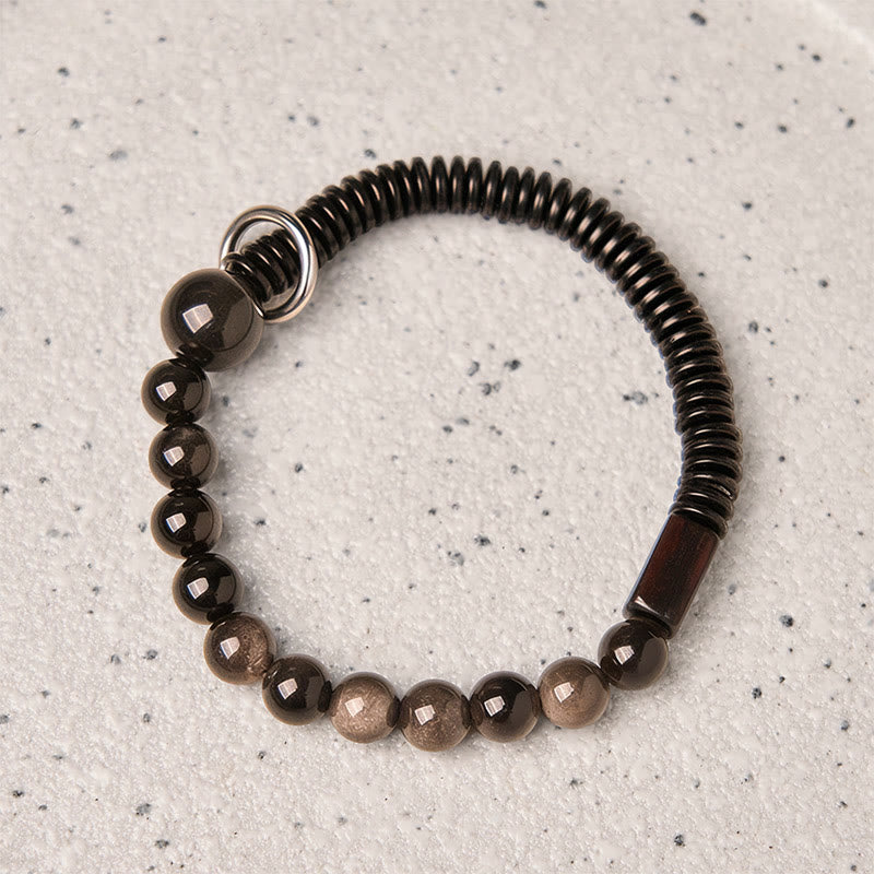 Buddha Stones Silver Sheen Obsidian Coconut Shell Protection Bracelet