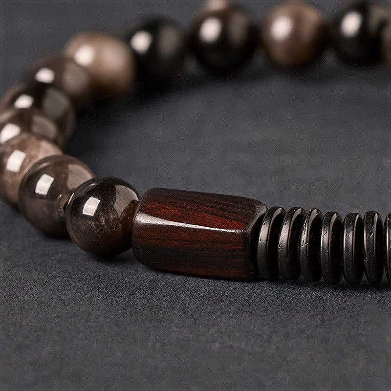 Buddha Stones Silver Sheen Obsidian Coconut Shell Protection Bracelet