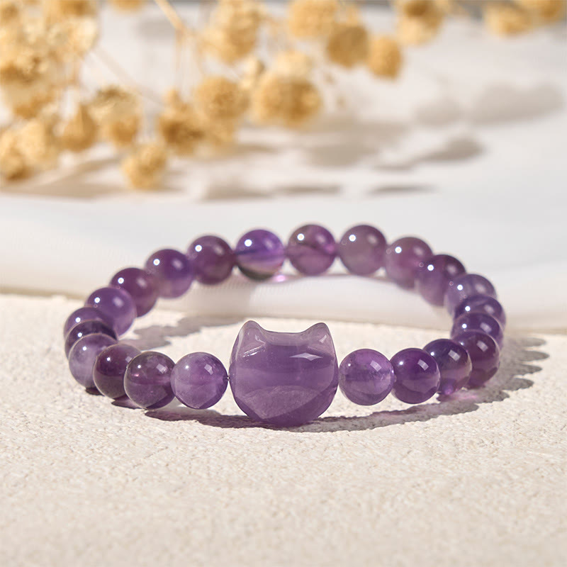 Buddha Stones Cute Cat Face Amethyst Spiritual Awareness Bracelet