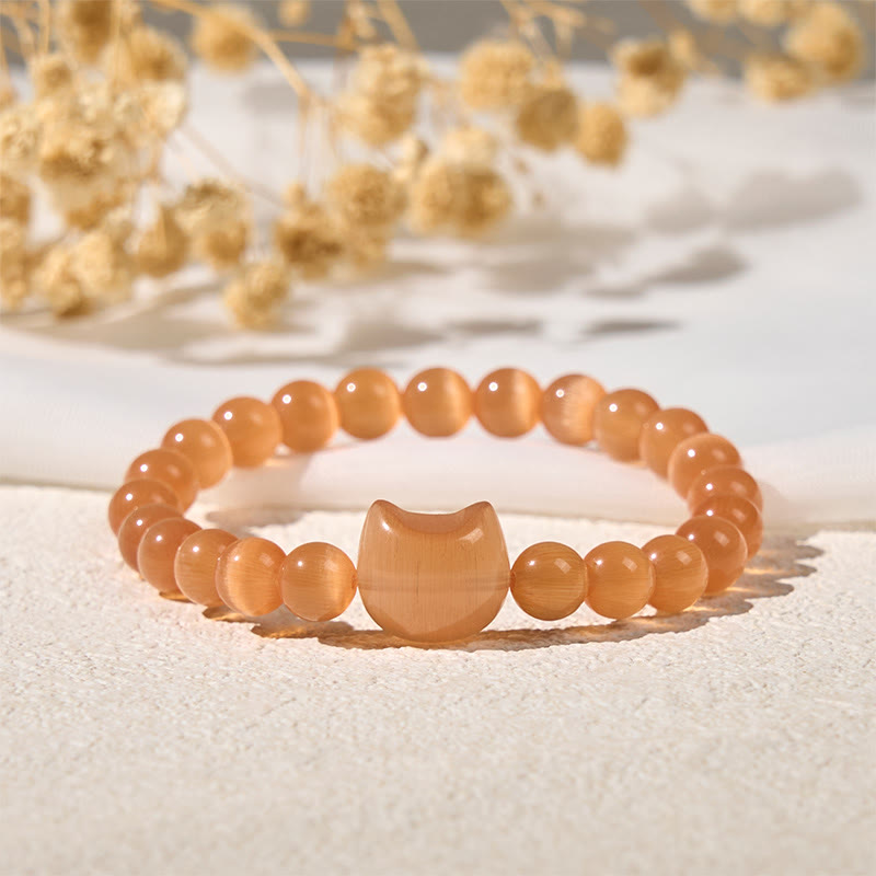 Buddha Stones Lovely Cat Head Pink Cat's Eye White Cat's Eye Spiritual Beads Bracelet