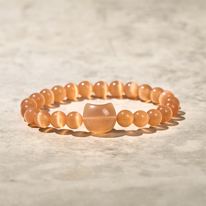 Buddha Stones Lovely Cat Head Pink Cat's Eye White Cat's Eye Spiritual Beads Bracelet