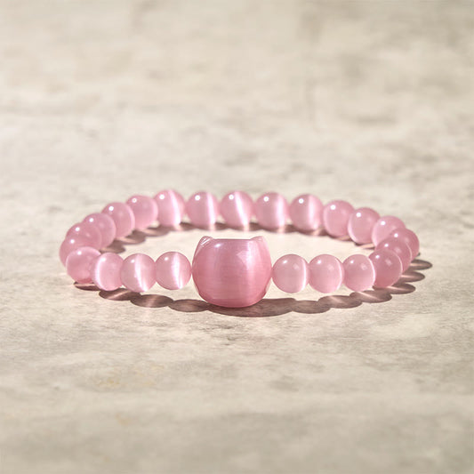Buddha Stones Lovely Cat Head Pink Cat's Eye White Cat's Eye Spiritual Beads Bracelet
