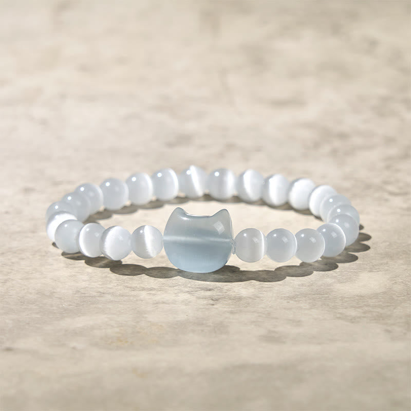 Buddha Stones Lovely Cat Head Pink Cat's Eye White Cat's Eye Spiritual Beads Bracelet