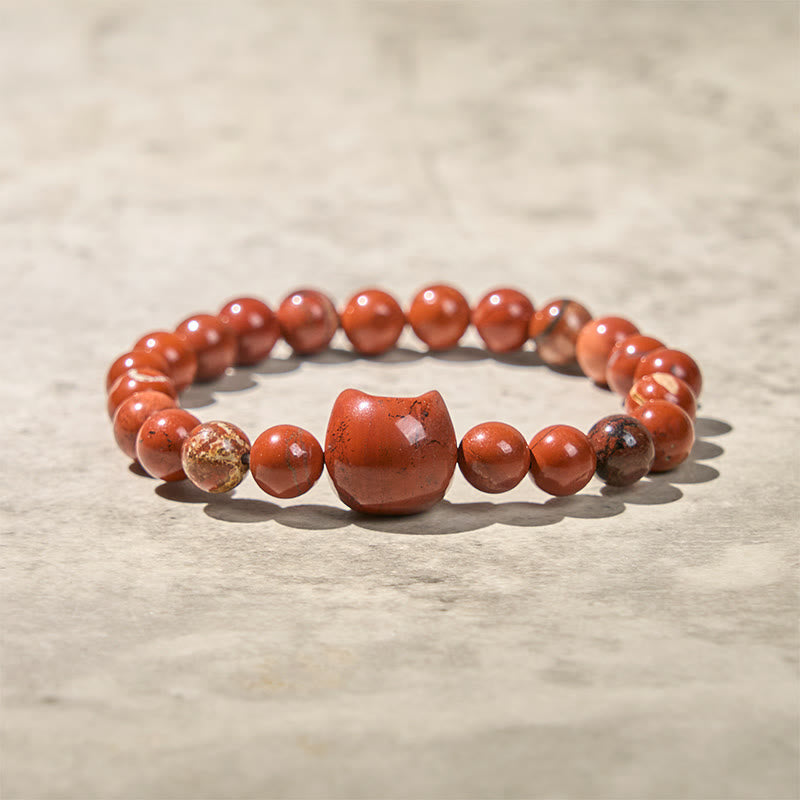 Buddha Stones Faceless Cat Head Design Red Turquoise Luck Bracelet