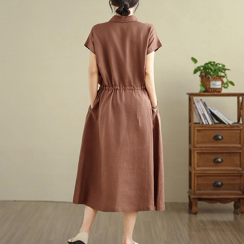 Buddha Stones Summer Plain Short Sleeve Drawstring Cotton Linen Midi Dress With Pockets