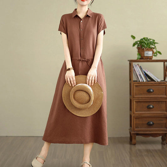 Buddha Stones Summer Plain Short Sleeve Drawstring Cotton Linen Midi Dress With Pockets