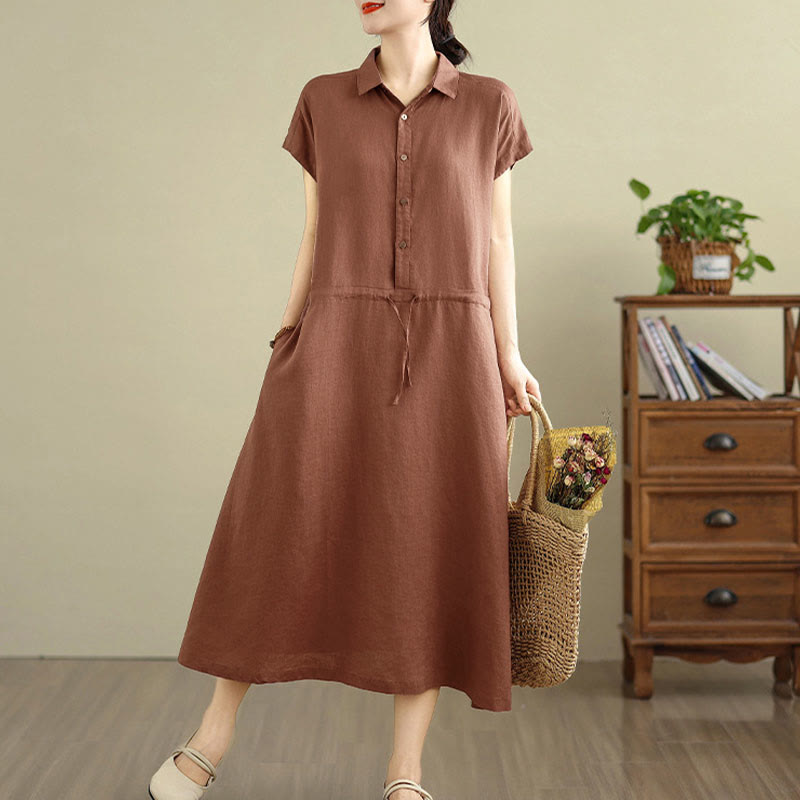 Buddha Stones Summer Plain Short Sleeve Drawstring Cotton Linen Midi Dress With Pockets