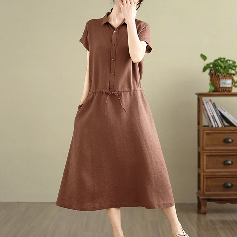 Buddha Stones Summer Plain Short Sleeve Drawstring Cotton Linen Midi Dress With Pockets