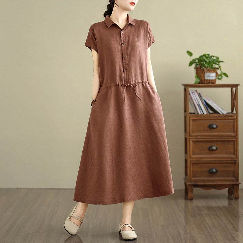Buddha Stones Summer Plain Short Sleeve Drawstring Cotton Linen Midi Dress With Pockets