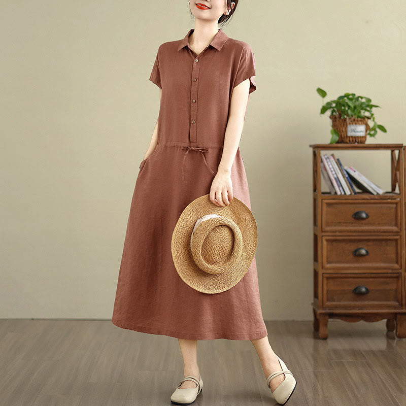 Buddha Stones Summer Plain Short Sleeve Drawstring Cotton Linen Midi Dress With Pockets