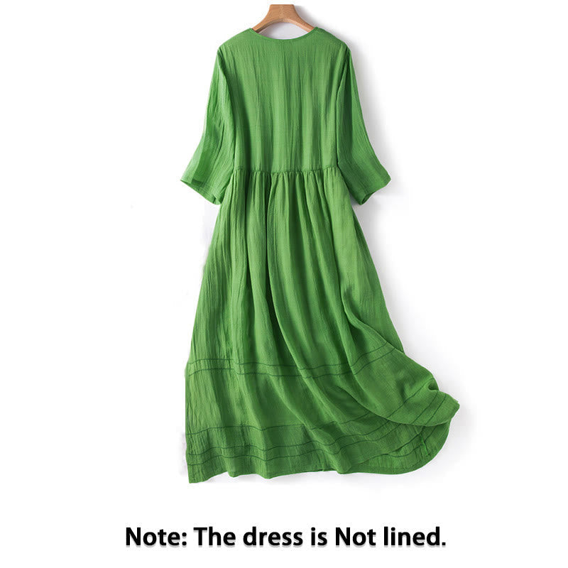 Buddha Stones Summer V-Neck Design Half Sleeve Cotton Midi Dress